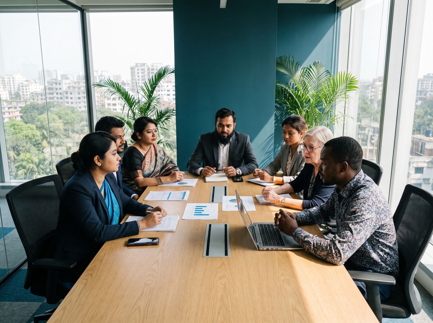 Members of the Srijoni Foundation board seated around a table during a meeting in a modern Dhaka office
