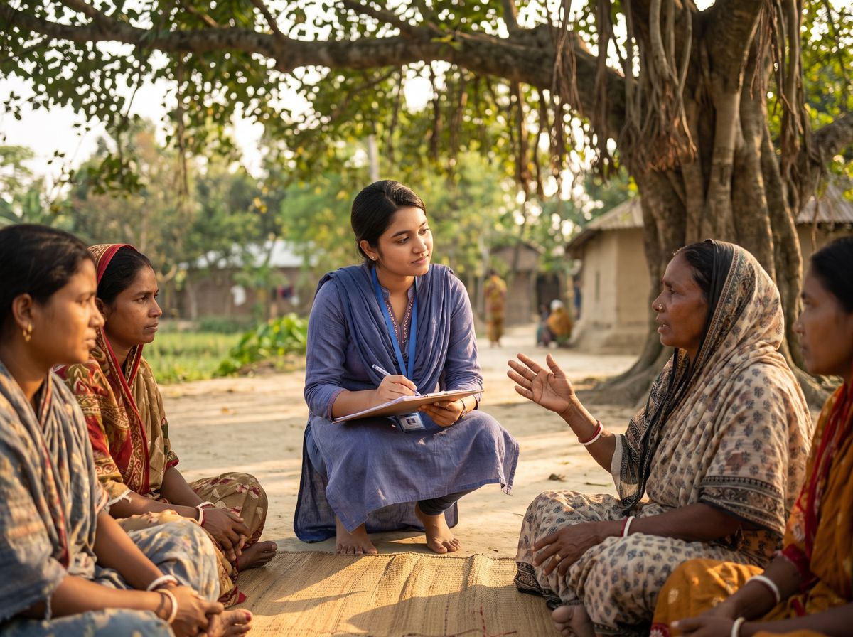 A young female research intern crouching beside rural women seated on a mat, taking notes during a discussion