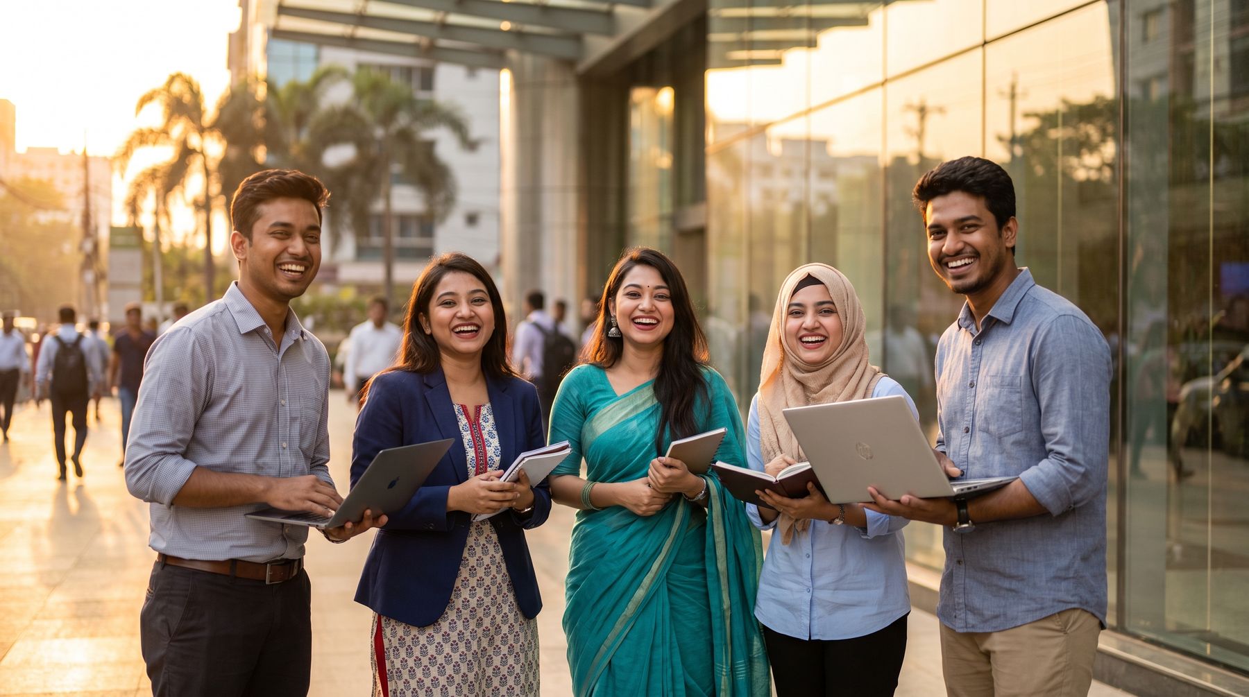 Five young Bangladeshi professionals with laptops standing outside a modern Dhaka office building at golden hour