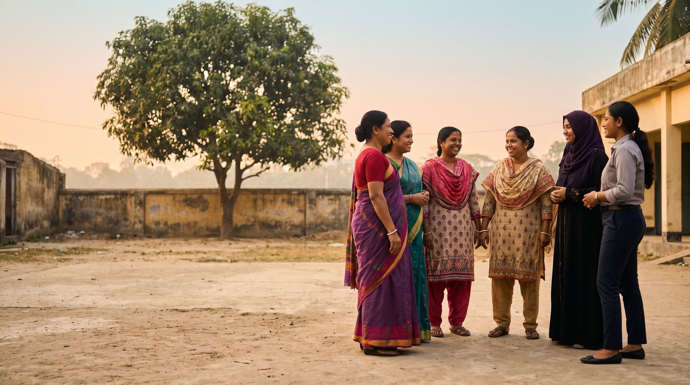 Women of different ages gathered together in a community courtyard in Dhaka, Bangladesh