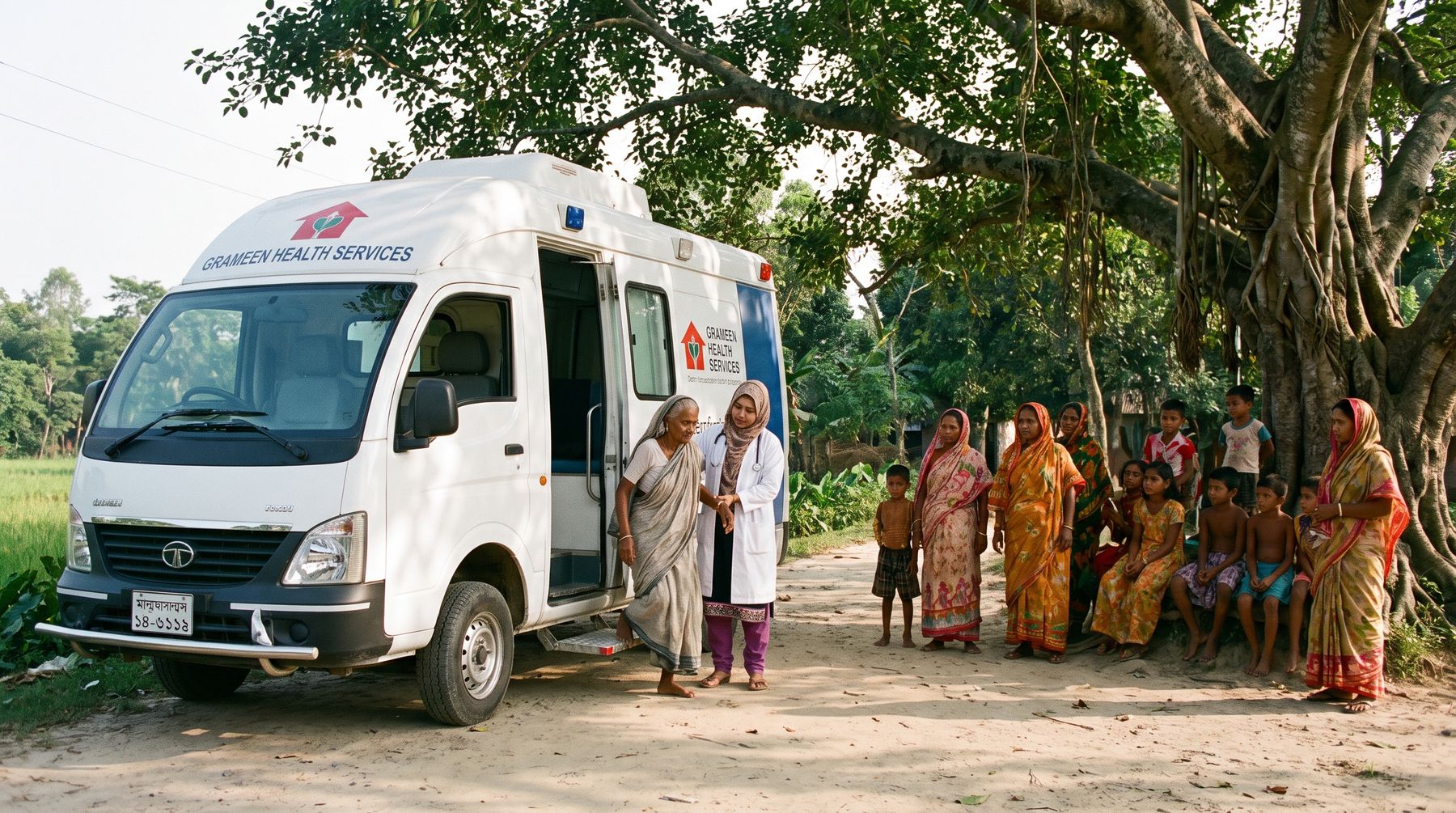 A Srijoni mobile medical van parked in a Mymensingh village, with a doctor helping an elderly woman up the steps