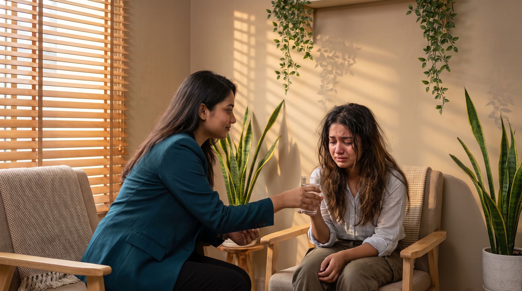 A counsellor sitting with a young woman in a quiet, softly lit counselling room in Dhaka
