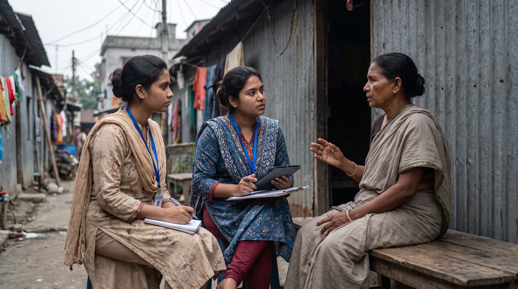 Two field researchers conducting a household survey interview with a woman outside her home in Dhaka
