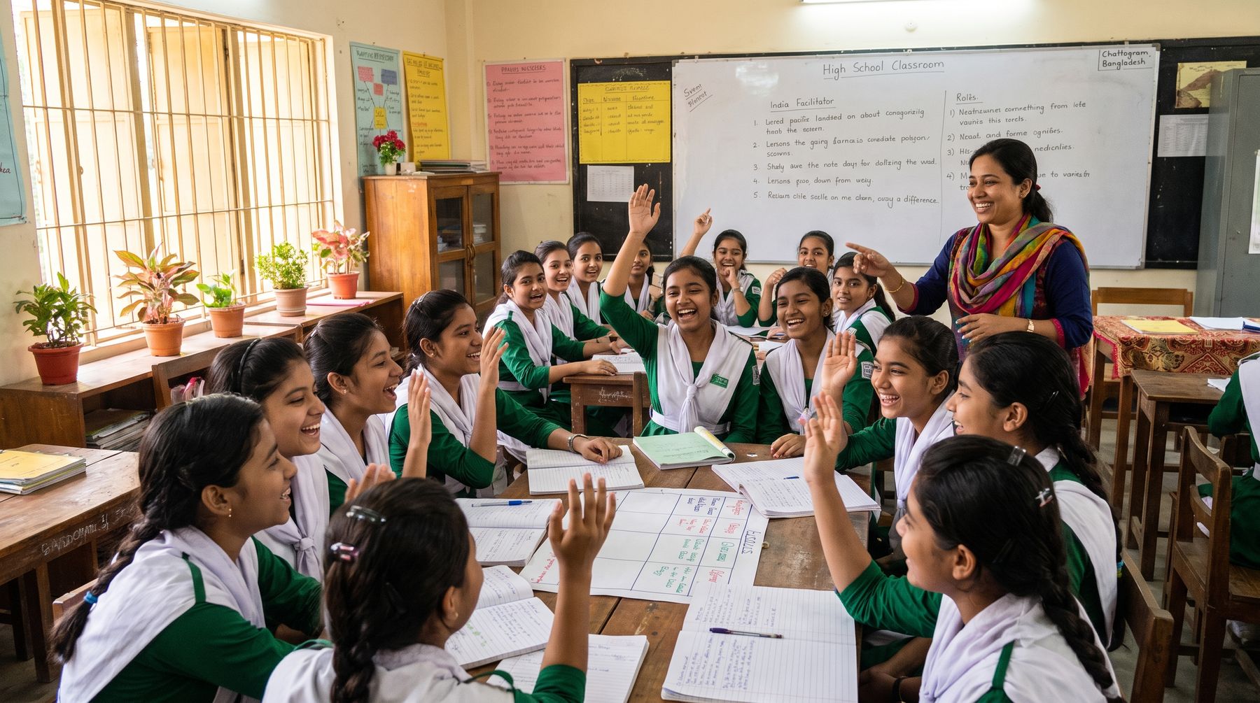 A facilitator leading a session with teenage girls in a bright classroom in Chattogram
