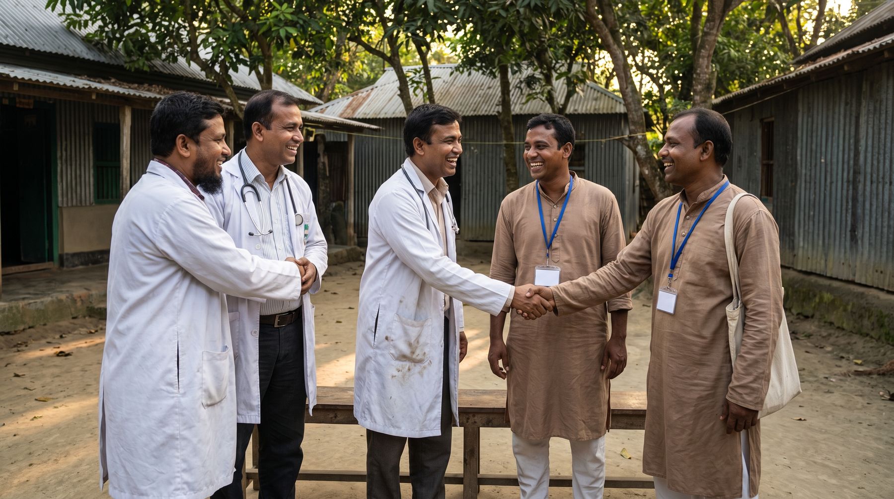 Srijoni Foundation staff meeting partner clinicians outside a local clinic in Bangladesh