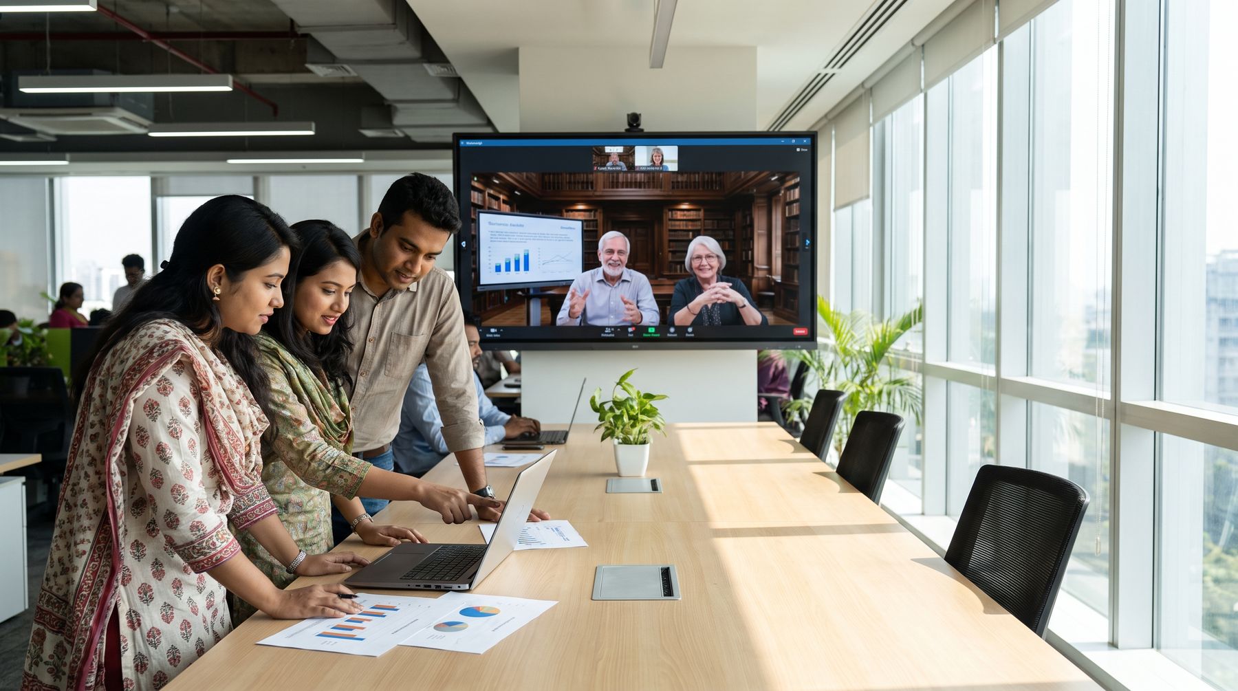 Three Bangladeshi researchers working at a table in a bright Dhaka office, with a wall screen behind them showing a video call with two senior professors in a library
