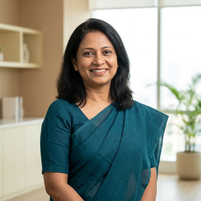 Portrait of Srijoni Foundation's Executive Director, a woman in a teal saree