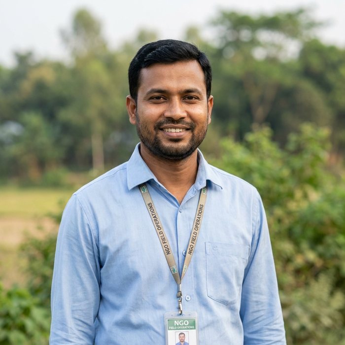 Portrait of Srijoni Foundation's Field Operations Manager, a man in a field shirt with a staff lanyard