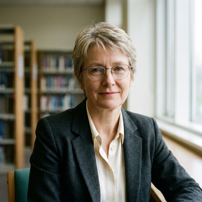 Portrait of Srijoni Foundation's Research Advisor, a woman with glasses in a charcoal blazer